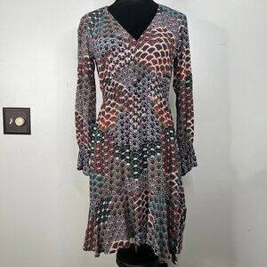 Maeve by Anthropologie Geometric Quirky Printed 70s Vibes Long Sleeve Dress